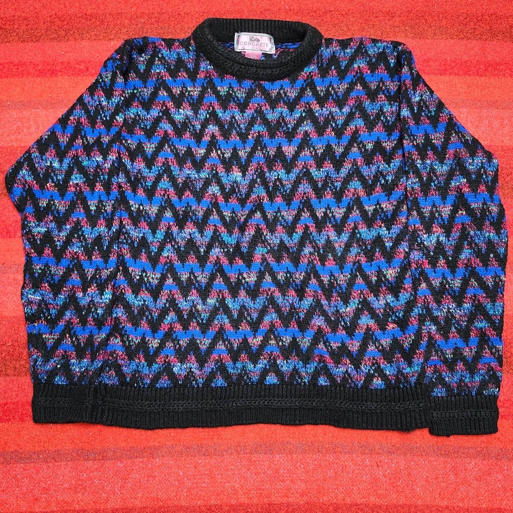 Vintage Zig Zag Chevron Knit Crewneck Sweater Boxy Blue Geometric Retro M Large